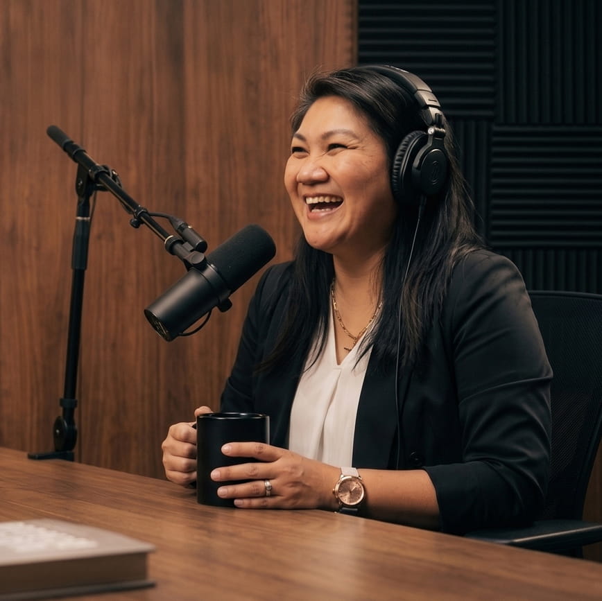 Emma Allen recording a podcast