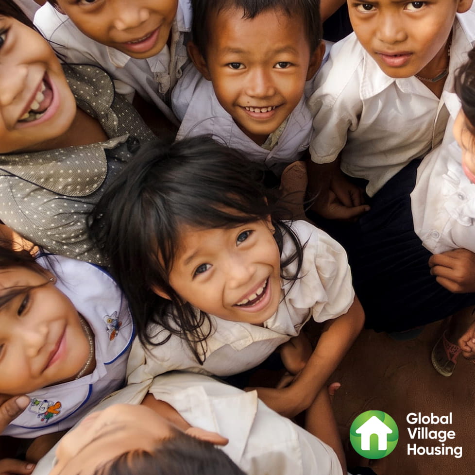 Schoolchildren supported through Global Village Housing in rural Cambodia