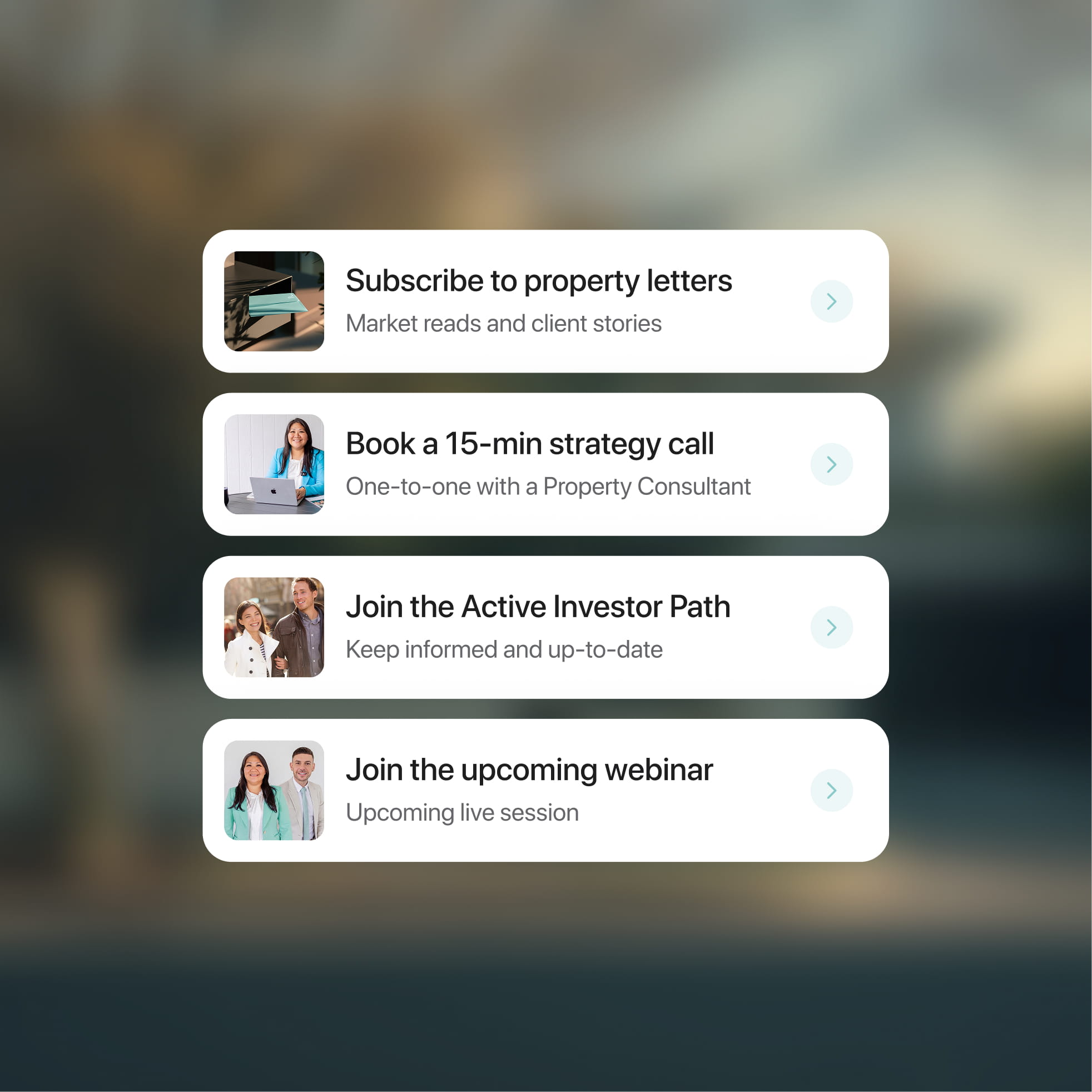 A sample card showing a menu of next steps: read the Property Letter, book a strategy chat, join the Active Investor Path, or a webinar